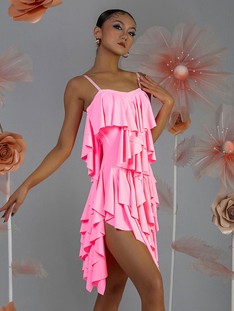 ラテンダンス衣装 ピンク レディース フリル レイヤードセット エレガント ポリエステル ドレス ダンス衣装