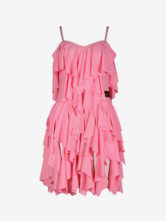 ラテンダンス衣装 ピンク レディース フリル レイヤードセット エレガント ポリエステル ドレス ダンス衣装