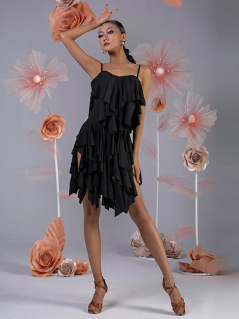 ブラック ラテンダンス衣装 ピンク レディース フリル レイヤードセット エレガント ポリエステル ドレス ダンス衣装