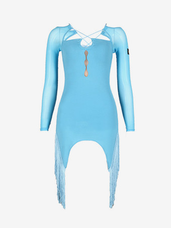 ラテンダンスドレス ライトスカイブルー レディース フリル 非対称セット エレガント ポリエステル ドレス ダンスウェア