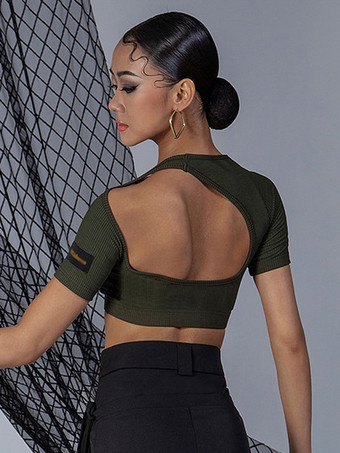 ハンターグリーン ラテンダンスドレス ブラック 女性用 ポリエステル トップ バックレス セクシー ラテン ダンサー ダンスウェア