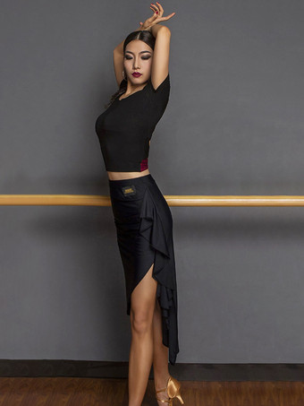 ラテンダンス衣装 ブラック レディース 非対称セット エレガント ポリエステル スカート トップ ダンス衣装