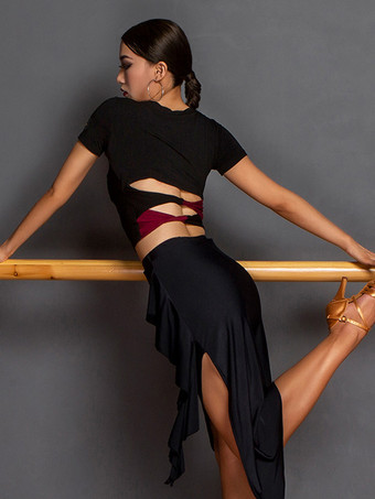 ラテンダンス衣装 ブラック レディース 非対称セット エレガント ポリエステル スカート トップ ダンス衣装