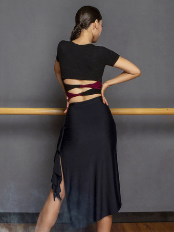 ラテンダンス衣装 ブラック レディース 非対称セット エレガント ポリエステル スカート トップ ダンス衣装