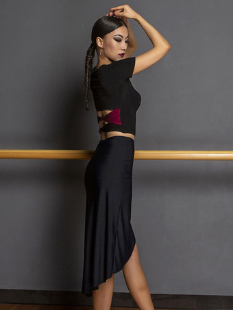 ラテンダンス衣装 ブラック レディース 非対称セット エレガント ポリエステル スカート トップ ダンス衣装