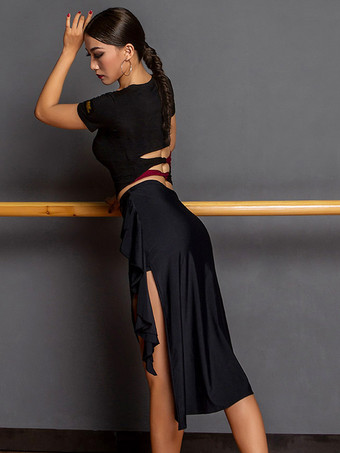 ブラック ラテンダンス衣装 ブラック レディース 非対称セット エレガント ポリエステル スカート トップ ダンス衣装