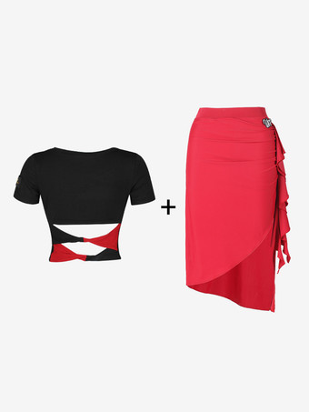 レッド ラテンダンス衣装 ブラック レディース 非対称セット エレガント ポリエステル スカート トップ ダンス衣装