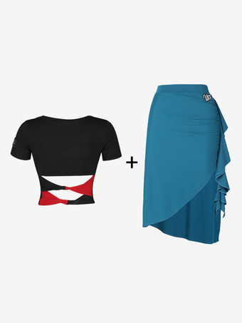 ライトスカイブルーラテンダンス衣装 ブラック レディース 非対称セット エレガント ポリエステル スカート トップ ダンス衣装