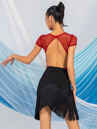 ラテンダンスドレス コーヒーブラウン 女性用 ポリエステル スカートトップ シアー エレガント フリンジ フリル ラテンダンサー ダンス衣装