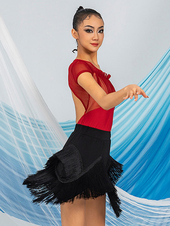 ラテンダンスドレス コーヒーブラウン 女性用 ポリエステル スカートトップ シアー エレガント フリンジ フリル ラテンダンサー ダンス衣装