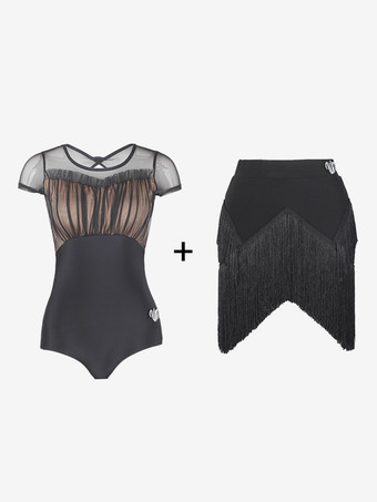 ブラック ラテンダンスドレス コーヒーブラウン 女性用 ポリエステル スカートトップ シアー エレガント フリンジ フリル ラテンダンサー ダンス衣装