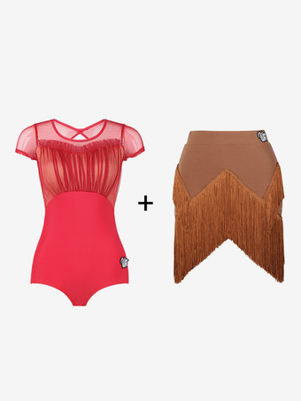 レッド ラテンダンスドレス コーヒーブラウン 女性用 ポリエステル スカートトップ シアー エレガント フリンジ フリル ラテンダンサー ダンス衣装