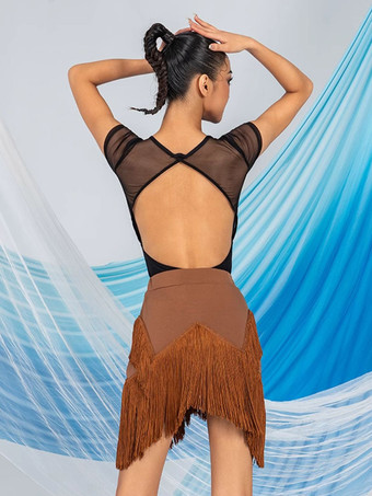 ラテンダンスドレス コーヒーブラウン 女性用 ポリエステル スカートトップ シアー エレガント フリンジ フリル ラテンダンサー ダンス衣装