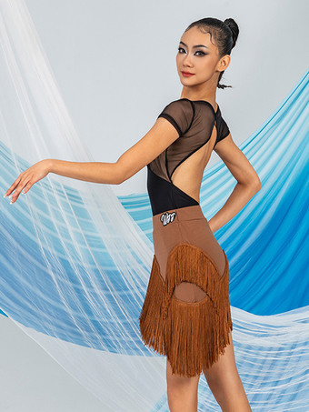 ラテンダンスドレス コーヒーブラウン 女性用 ポリエステル スカートトップ シアー エレガント フリンジ フリル ラテンダンサー ダンス衣装