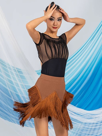 ブラウン ラテンダンスドレス コーヒーブラウン 女性用 ポリエステル スカートトップ シアー エレガント フリンジ フリル ラテンダンサー ダンス衣装