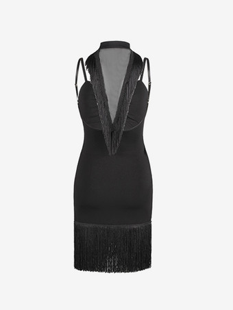 ラテン ダンス ドレス 黒の女性のフリンジ バックレス セット セクシーなポリエステル ドレス ダンス衣装