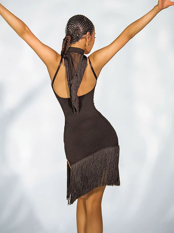 ラテン ダンス ドレス 黒の女性のフリンジ バックレス セット セクシーなポリエステル ドレス ダンス衣装
