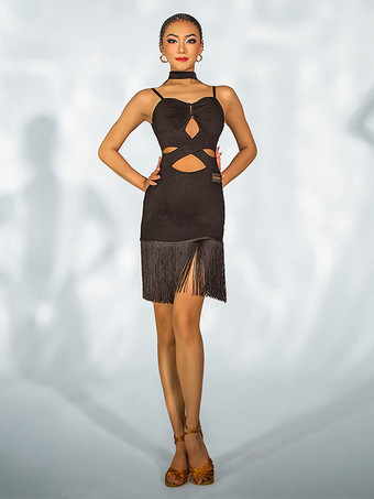 ブラック ラテン ダンス ドレス 黒の女性のフリンジ バックレス セット セクシーなポリエステル ドレス ダンス衣装