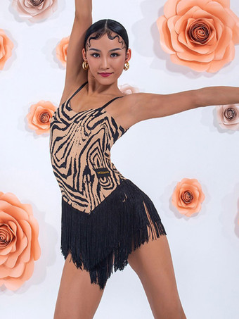ラテンダンス衣装アプリコット女性のフリンジオープンショルダーセットエレガントなポリエステルドレスダンスウェア