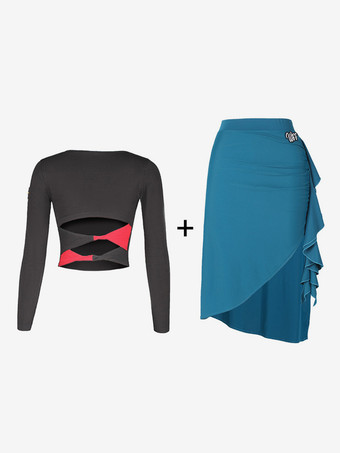 ライトスカイブルーラテンダンス衣装黒の女性のポリエステルトップスカート背中の開いたエレガントなラテンダンサーダンスウェア