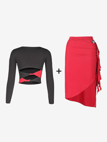 レッド ラテンダンス衣装黒の女性のポリエステルトップスカート背中の開いたエレガントなラテンダンサーダンスウェア