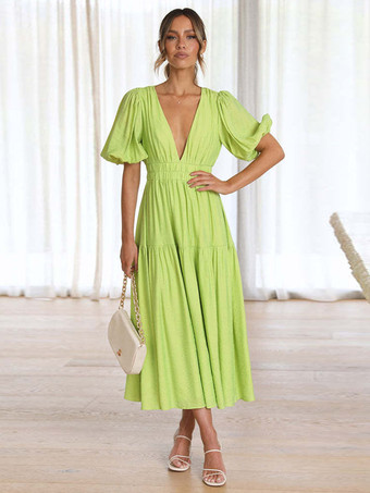 イエローVネック サマードレス 半袖 ゴムウエスト Aライン マキシドレス