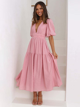 ピンクVネック サマードレス 半袖 ゴムウエスト Aライン マキシドレス