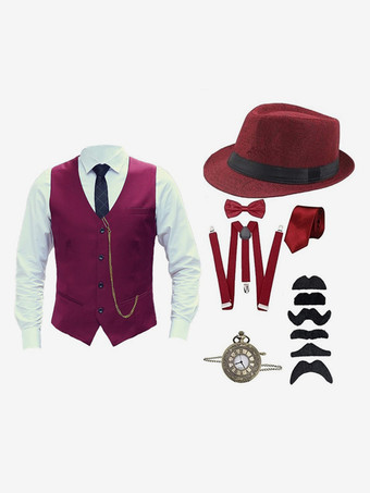 ワインレッド ブルゴーニュヴィンテージセットレトロ長袖ポリエステルチョッキレトロ衣装男性用 バーガンディ