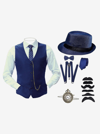 ブルー ブルゴーニュヴィンテージセットレトロ長袖ポリエステルチョッキレトロ衣装男性用 バーガンディ