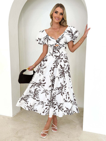 ブラック ティアードプリントコテージコアドレス パフスリーブ カットアウト スウェットハート マキシドレス