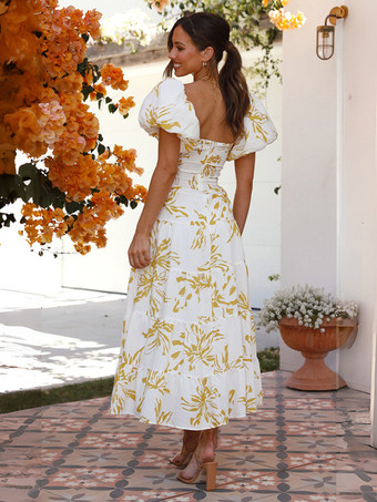 ティアードプリントコテージコアドレス パフスリーブ カットアウト スウェットハート マキシドレス