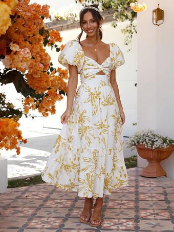 Women′ S 2021 Summer Short Sleeve High Waist Yellow Pleated Skirt African Large  Dress - China African Dresses and Casual Dress price