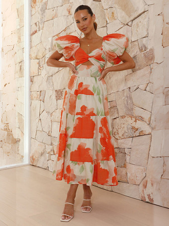 ティアードプリントコテージコアドレス パフスリーブ カットアウト スウェットハート マキシドレス