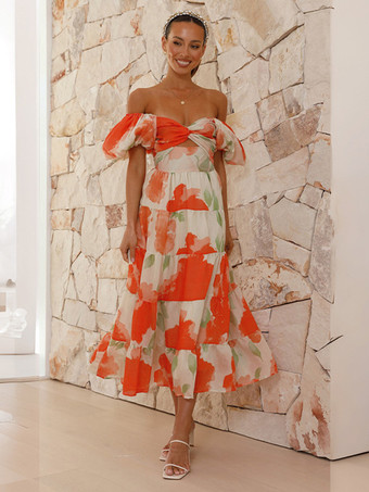 ティアードプリントコテージコアドレス パフスリーブ カットアウト スウェットハート マキシドレス