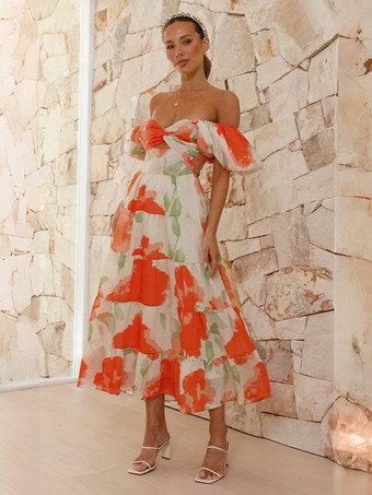 オレンジ ティアードプリントコテージコアドレス パフスリーブ カットアウト スウェットハート マキシドレス