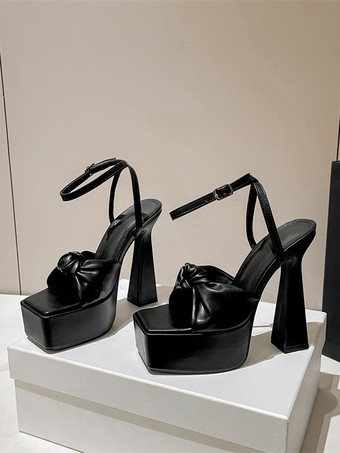 レディース ヒール サンダル スクエアトゥ チャンキーヒール サンダル PU レザー