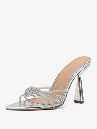 シルバー 女性用 ラインストーン ポインテッドトゥ パテントレザー スライド サンダル ゴブレットヒール シャンパン