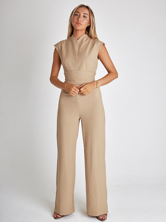 ラクダ色 ブラックデザインネックライン半袖レースアップポリエステルストレートサマープレイスーツ