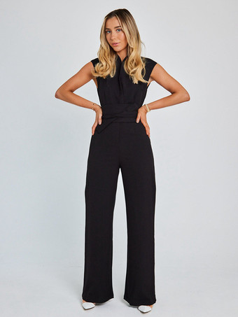 ブラック ブラックデザインネックライン半袖レースアップポリエステルストレートサマープレイスーツ