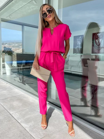 ローズレッドピンクの装飾襟付き半袖カットアウトポリエステルストレート夏ワンピース