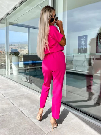 ピンクの装飾襟付き半袖カットアウトポリエステルストレート夏ワンピース