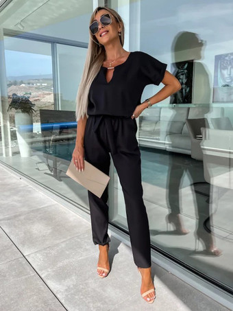 ブラック ピンクの装飾襟付き半袖カットアウトポリエステルストレート夏ワンピース