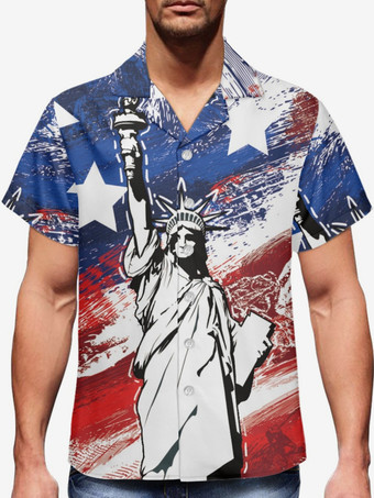 メンズカジュアルシャツターンダウンカラーカジュアルプリントブルーメンズシャツ