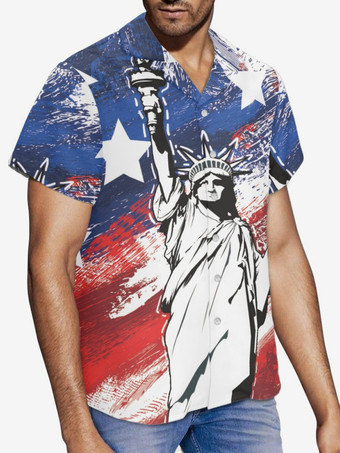 メンズカジュアルシャツターンダウンカラーカジュアルプリントブルーメンズシャツ