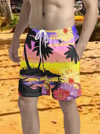 イエローメンズカジュアルトロピカルプリントショートパンツハワイバケーションパンツ