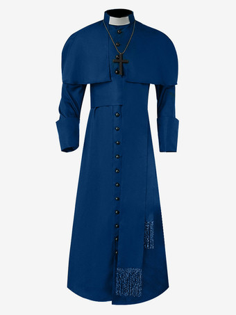 ブルー ブルーヴィンテージトップレトロボタン長袖ポリエステルオーバーコートレトロコスチューム男性用 バーガンディ