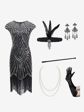 シルバー ブラック レトロ コスチューム 女性用 フリンジ スパンコール ポリエステル セット アクセサリー ドレス レトロ マリー アントワネット コスチューム パーティー プロムドレス バーガンディ