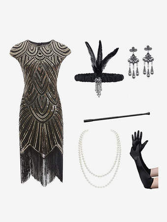 ゴールド ブラック レトロ コスチューム 女性用 フリンジ スパンコール ポリエステル セット アクセサリー ドレス レトロ マリー アントワネット コスチューム パーティー プロムドレス バーガンディ