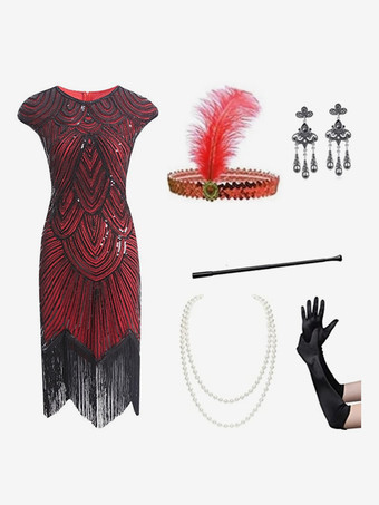 レッド ブラック レトロ コスチューム 女性用 フリンジ スパンコール ポリエステル セット アクセサリー ドレス レトロ マリー アントワネット コスチューム パーティー プロムドレス バーガンディ