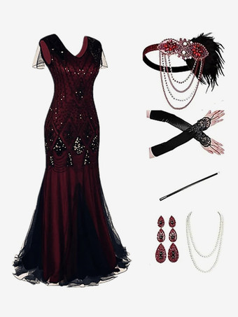 ダークレッドブルゴーニュレトロコスチューム女性のマリーアントワネット衣装フリンジスパンコールポリエステルセットドレスアクセサリーレトロパーティーウエディングドレス バーガンディ